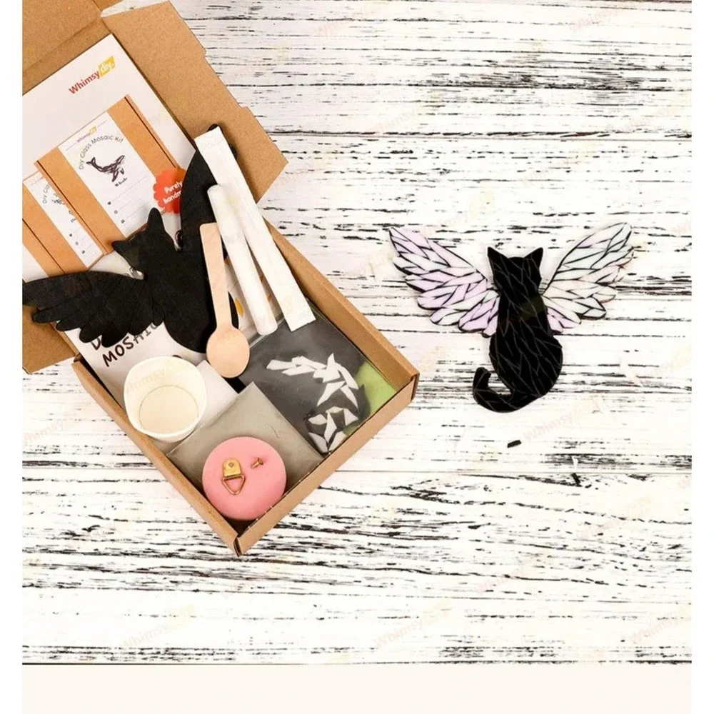 Whimsy DIY Glass Mosaic Kit Flying Cat Handmade Art Craft Set All Materials Inc